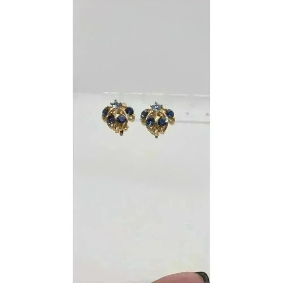 Vintage Earrings Rhinestone Lt Blue & Dk Blue Dainty Classy Clip On 1950s - Picture 4 of 8